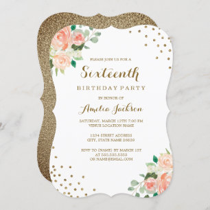 Peach Gold Floral Confetti 16th Birthday Party Invitation