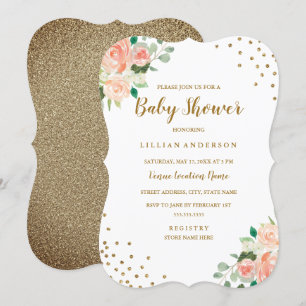 Peach Gold Floral Confetti Baby Shower Invitation