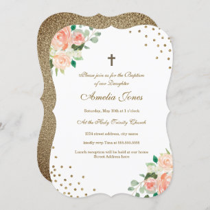 Peach Gold Floral Confetti Baptism Invitation
