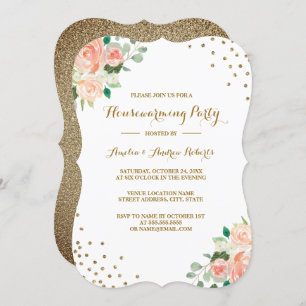 Peach Gold Floral Confetti Housewarming Party Invitation