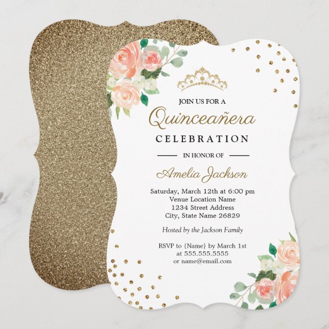 Peach Gold Floral Confetti Quinceanera Invitation (Front/Back)