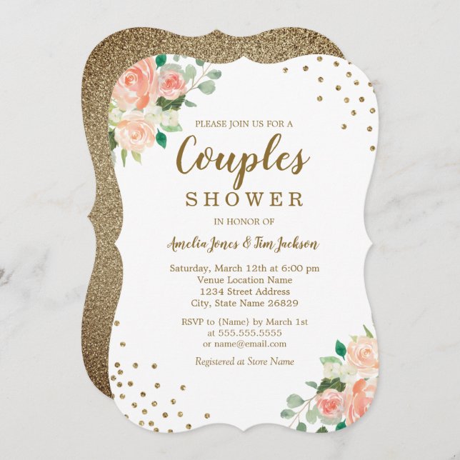 Peach Gold Floral Confetti Wedding Couples Shower Invitation (Front/Back)