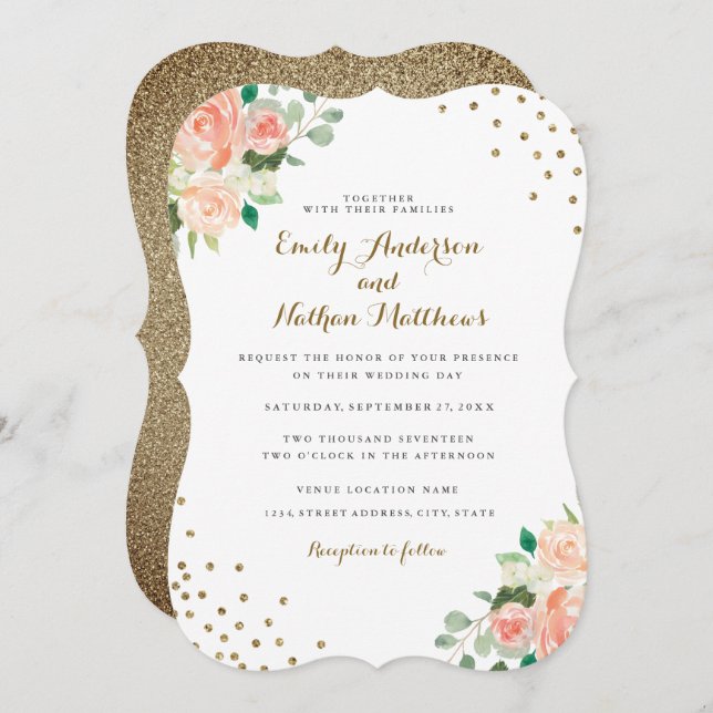 Peach Gold Floral Confetti Wedding Invitation (Front/Back)