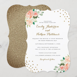 Peach Gold Floral Confetti Wedding Invitation