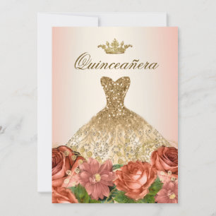 Peach Gold Floral Roses Quinceanera Invitation