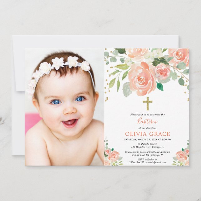 Peach gold floral watercolors baptism girl photo invitation (Front)