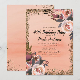 Peach & Gold Glitter Floral Modern Birthday Party Invitation