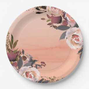 Peach & Gold Glitter Floral Modern Bridal Shower Paper Plate