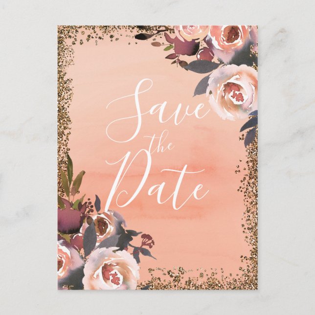Peach & Gold Glitter Floral Modern Save the Date Announcement Postcard (Front)