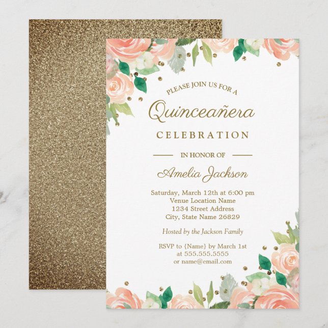 Peach Gold Glitter Floral Quinceanera Invite (Front/Back)