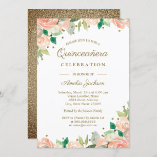 Peach Gold Glitter Floral Quinceanera Invite