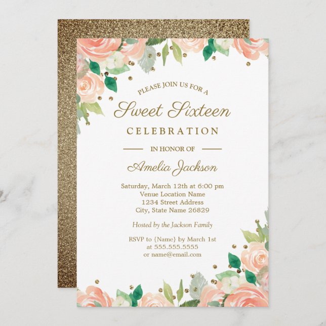 Peach Gold Glitter Floral Sweet Sixteen Invite (Front/Back)