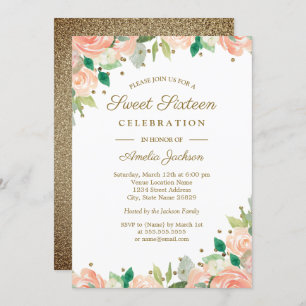 Peach Gold Glitter Floral Sweet Sixteen Invite