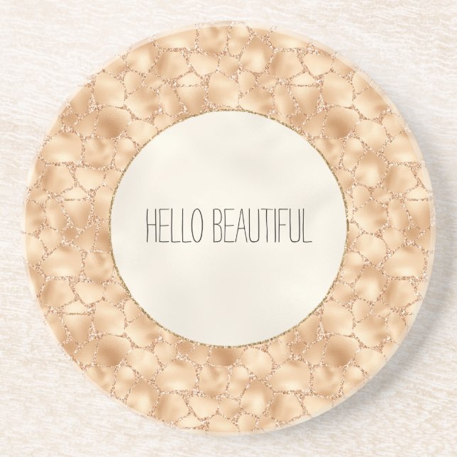 Peach Gold Glitter Glam Sparkle Giraffe Print Coaster (Front)