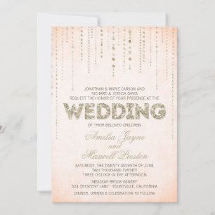 Peach & Gold Glitter Look Wedding Invitation