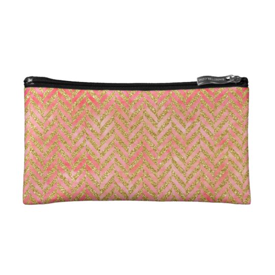 Peach & Gold Glitter Watercolor Herringbone Makeup Bag