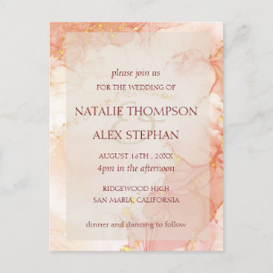 Peach Gold Marble Effect Monogram Elegant Wedding Postcard