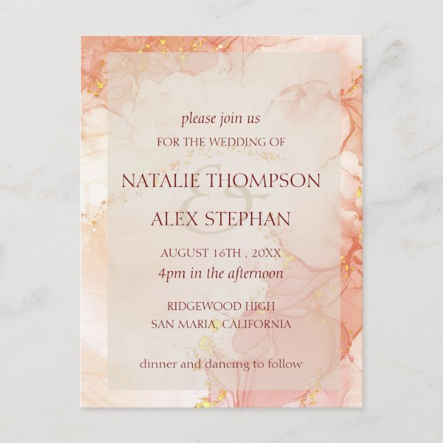 Peach Gold Marble Effect Monogram Elegant Wedding  Postcard (Front)