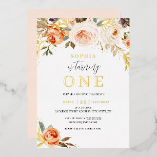 Peach Gold Orange Floral Girl 1st Birthday 