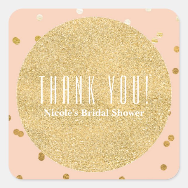 Peach & Gold Shiny Confetti Dots Modern Chic Favou Square Sticker (Front)