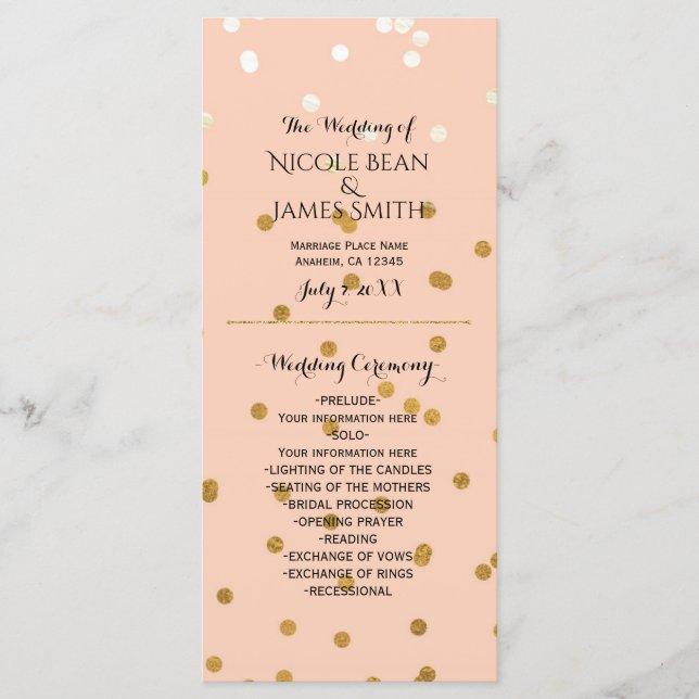 Peach & Gold Shiny Faux Foil Confetti Program Rack (Front)