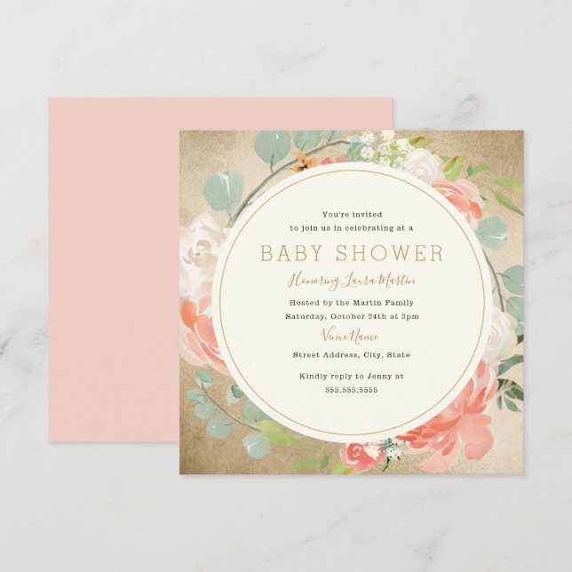 Peach Gold Sparkle Wreath Floral Baby Shower Invitation (Front/Back)