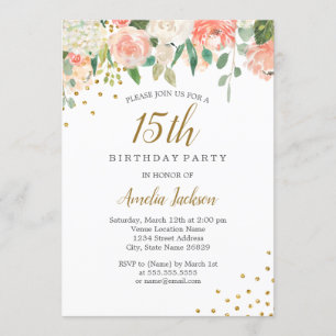 Peach Gold Watercolor Floral 15th Birthday Party Invitation
