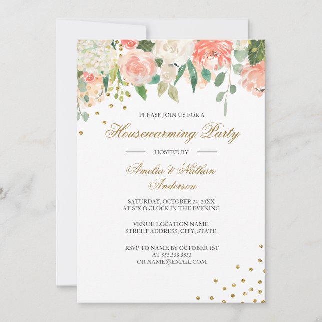 Peach Gold Watercolor Floral Housewarming Invitation (Front)