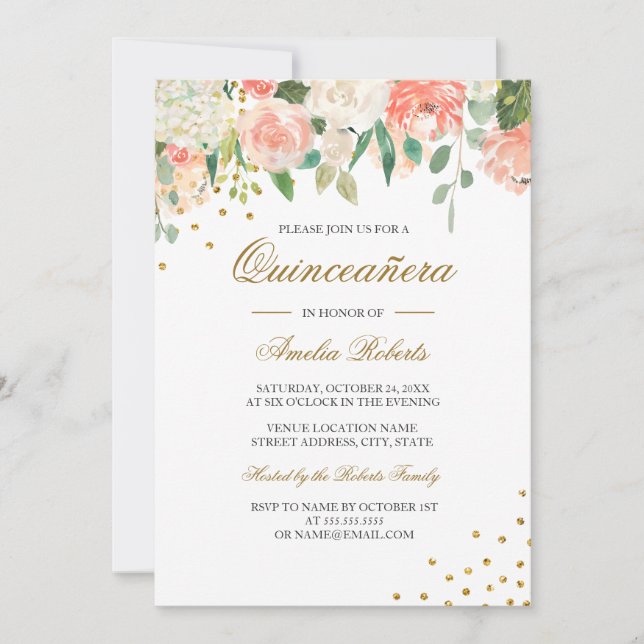 Peach Gold Watercolor Floral Quinceanera Invitation (Front)