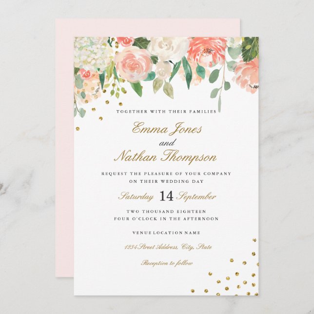 Peach Gold Watercolor Floral Wedding Invitation (Front/Back)
