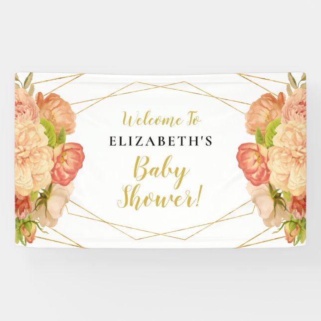 Peach Gold Watercolor Flowers Baby Shower Banner (Horizontal)