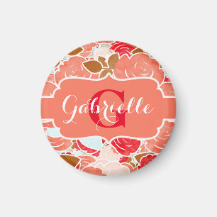 Peach & Gold Watercolor Roses Floral Monogram Magnet