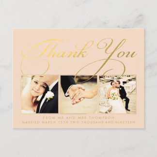 Peach Gold Wedding Thank You Photo Postcard