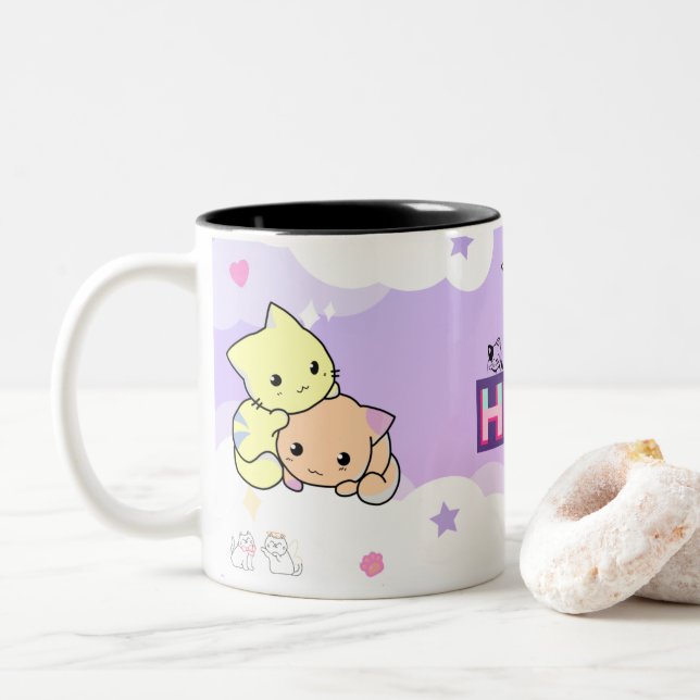Peach & Goma - Mochi Mochi Peach Cats Two-Tone  Coffee Mug (With Donut)