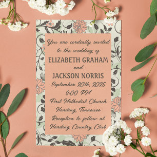 Peach, Green, and Brown Chintz Wedding  Invitation