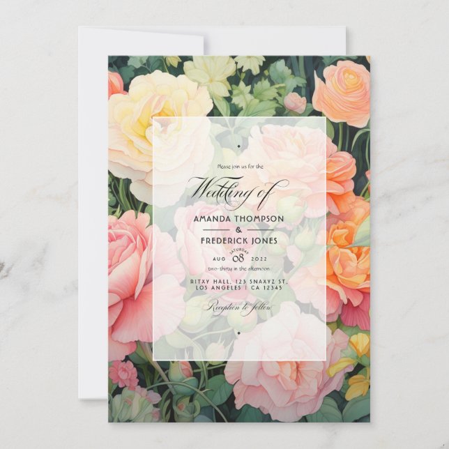 Peach, Green and Pastel Pink Floral Summer Wedding Invitation (Front)