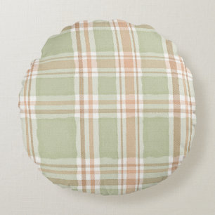 Peach Green Cream Plaid Stripes Round Cushion
