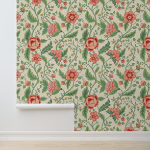 Peach & Green Jacobean Floral Pattern Wallpaper