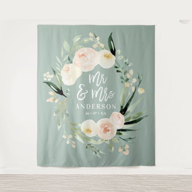 Peach + green Mr & Mrs watercolor floral wedding Tapestry (Front)