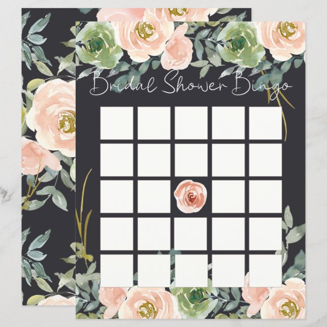 Peach Green Navy Pastel Floral Bridal Shower Bingo (Front/Back)