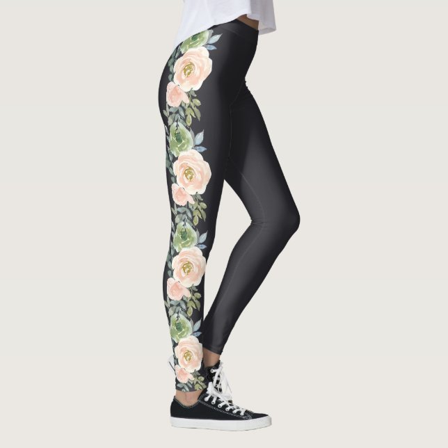 Peach Green Navy Pastel Floral Design Leggings (Right)