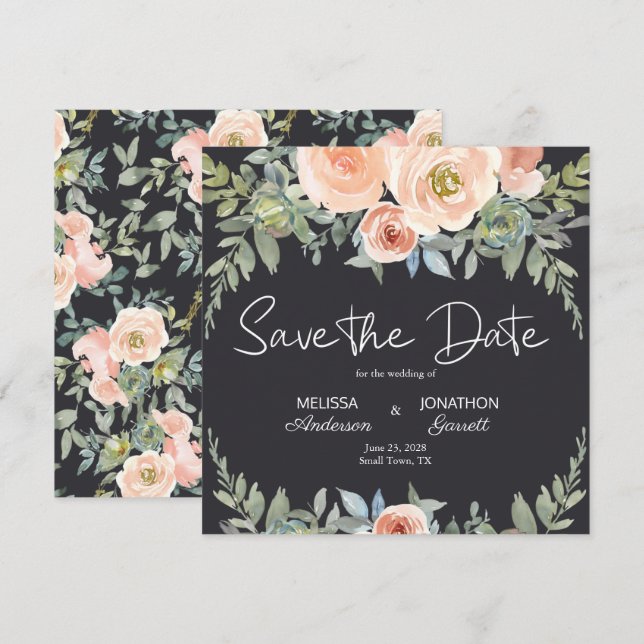 Peach Green Navy Pastel Floral Elegant Save The Date (Front/Back)