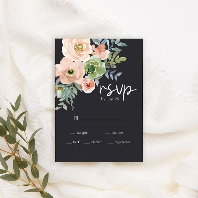 Peach Green Navy Pastel Floral Wedding RSVP Card (Creator Uploaded)