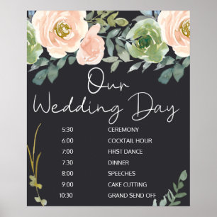 Peach Green Navy Pastel Floral Wedding Schedule Poster
