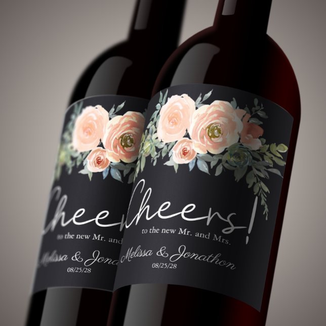 Peach Green Navy Pastel Floral Wedding Wine Label (Creator Uploaded)