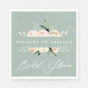 Peach + green watercolor floral bridal shower napkin