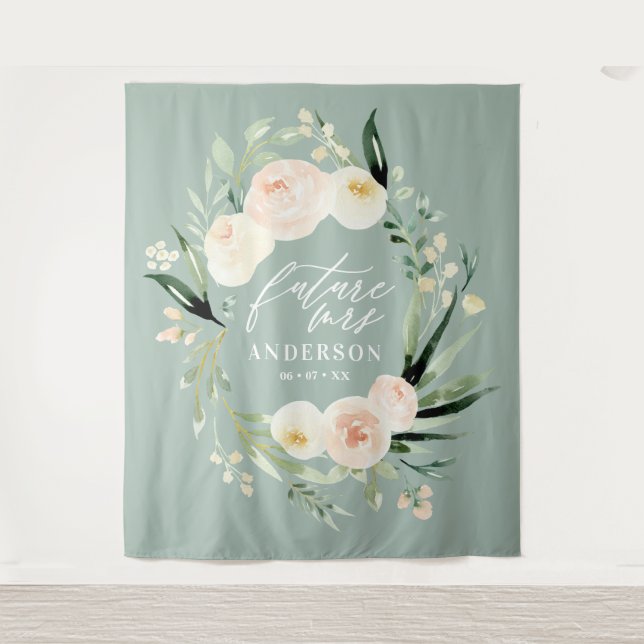 Peach + green watercolor floral bridal shower tapestry (Front)