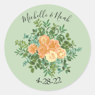 Peach Green Wedding Spring Pastel Floral Classic Round Sticker