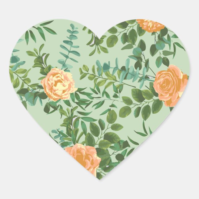 Peach Green Wedding Spring Pastel Floral Heart Sticker (Front)
