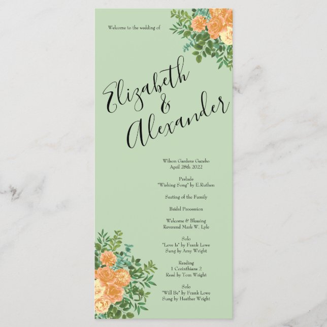 Peach Green Wedding Spring Pastel Floral Menu (Front)